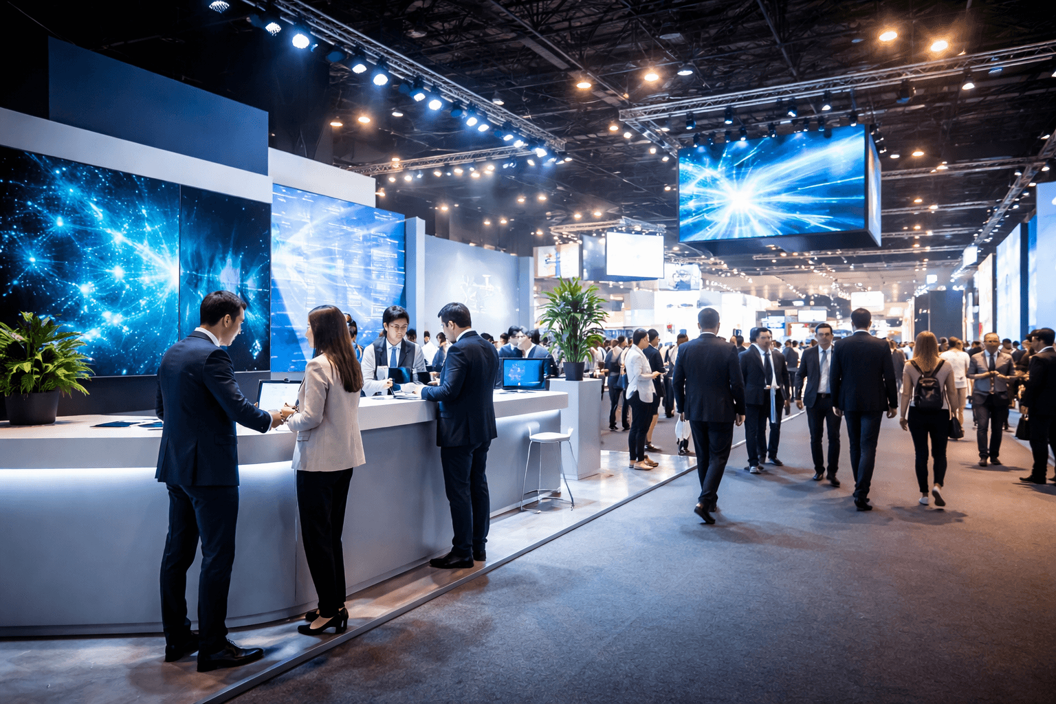 Drukke beurs met professionele stands