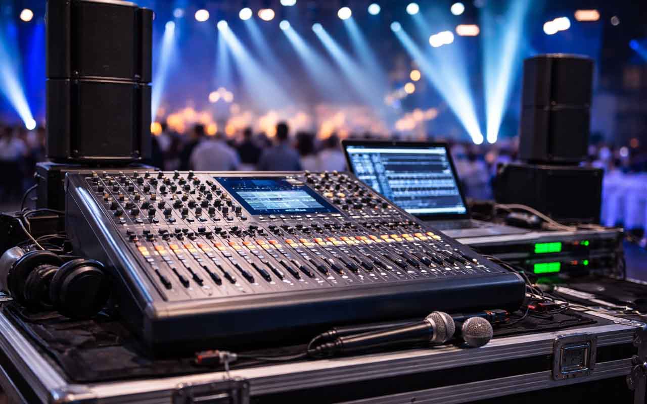 Professioneel audioapparatuur bij evenement